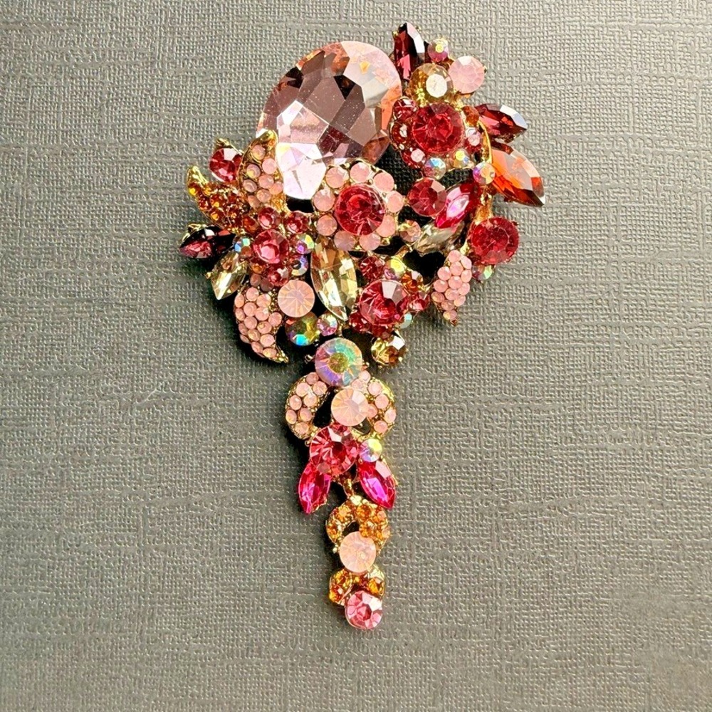 Floral Dangle Brooch Pin Pink Red Rhinestone Gold Alloy Statement Jewelry
